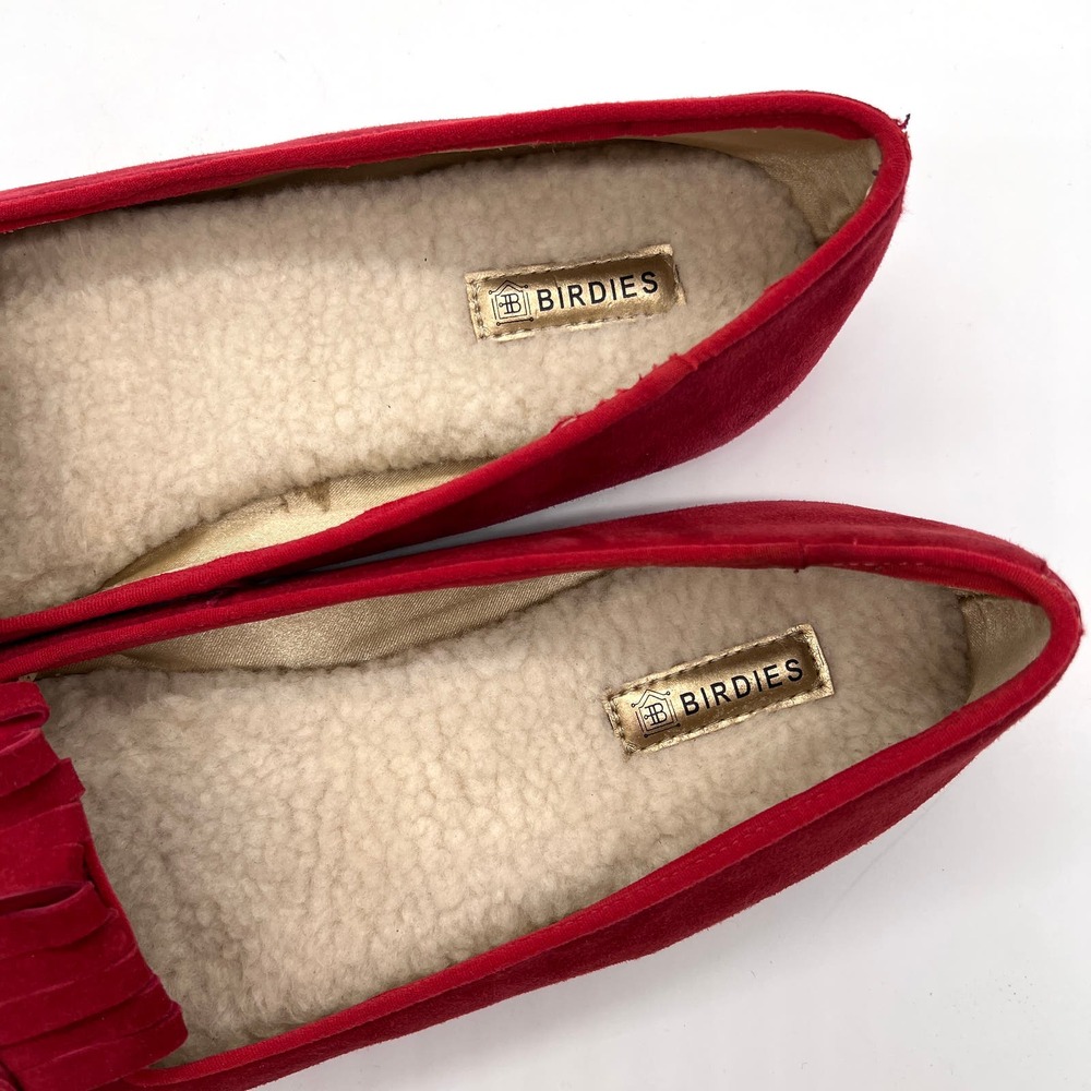 BIRDIES Red Cardinal Suede Flat Womens 9.5 Kiltie Fringe Faux Fur Lined Loafer - Picture 8 of 14